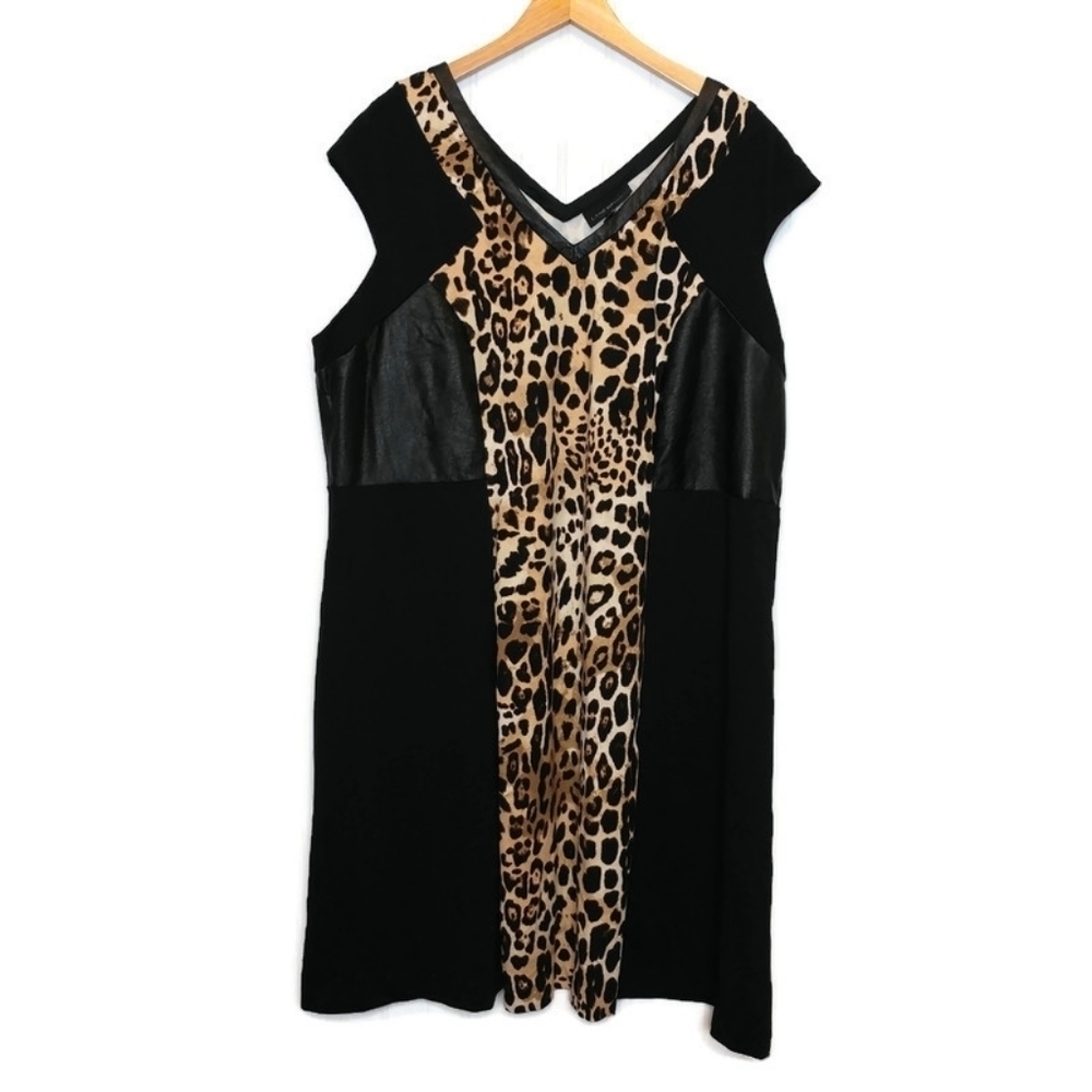 Lane Bryant Size 26 Dress Black Leopard Print Faux Leather Trim V Neck‎ NEW/TAGS